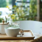 green tea latte on a tray